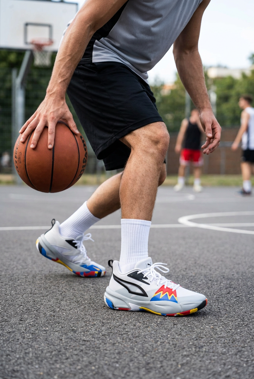 Basketteur dribblant en extérieur avec les Puma Genetics, illustration générée