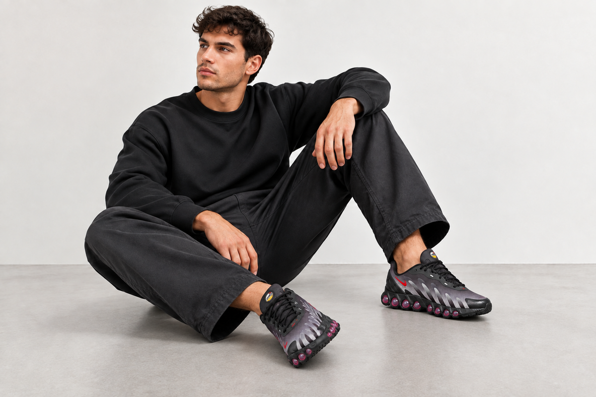 Visuel illustratif généré des Nike Air Max DN8 portées par un homme, chaussures moins imposantes en apparence