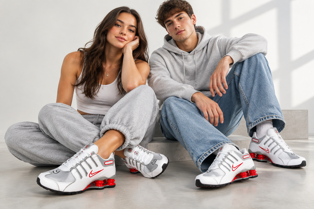Visuel généré des Nike Shox NZ portées par une femme et un homme de 16 à 25 ans