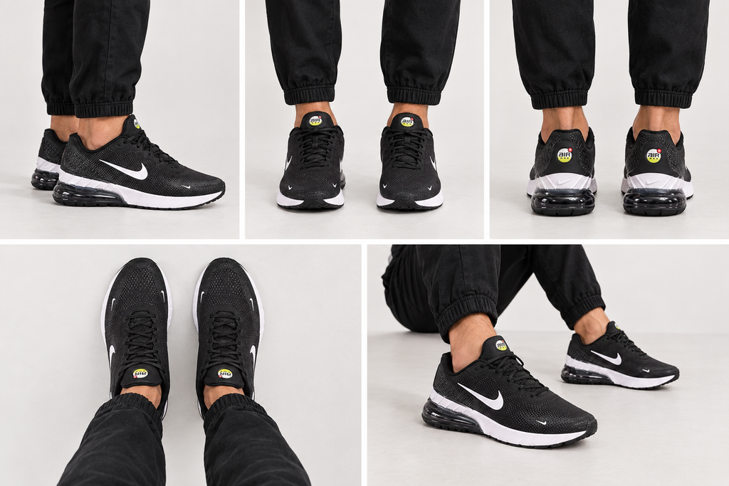 Montage généré des Nike Air Max Phénix portées par un homme de 20 à 30 ans sous cinq angles