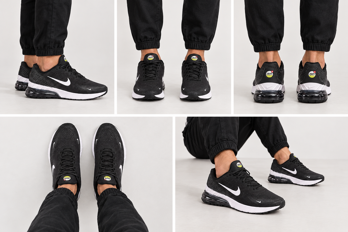 Montage généré des Nike Air Max Phénix portées par un homme de 20 à 30 ans sous cinq angles