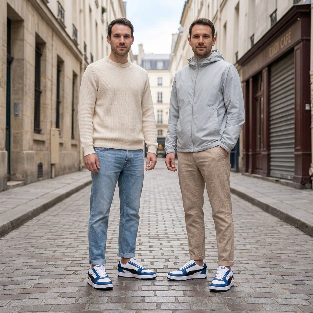 Illustration générée de deux hommes portant les Puma Caven 2.0 VTG et regardant vers l’appareil