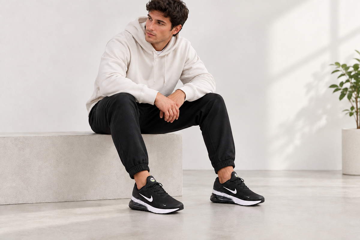 Visuel généré des Nike Air Max Phénix portées par un homme de 20 à 30 ans, chaussures aux proportions plus naturelles