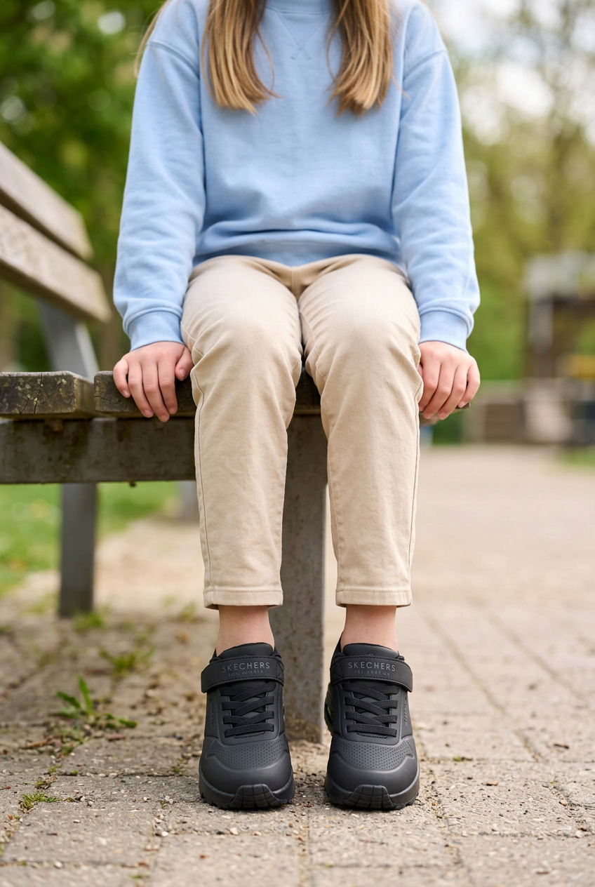 Fille de 8 à 12 ans assise portant les Skechers noires, visuel généré