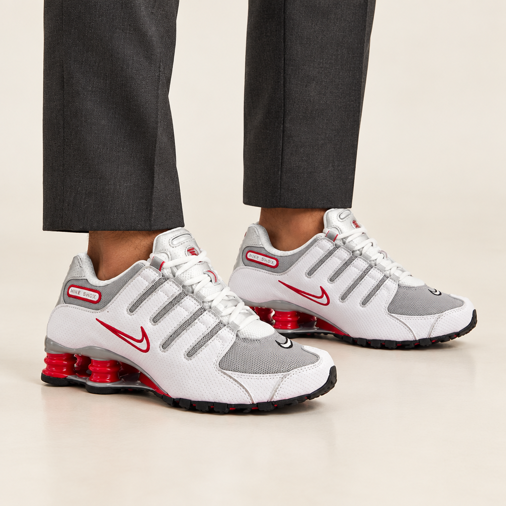 Visuel généré des Nike Shox NZ portées avec pantalon habillé
