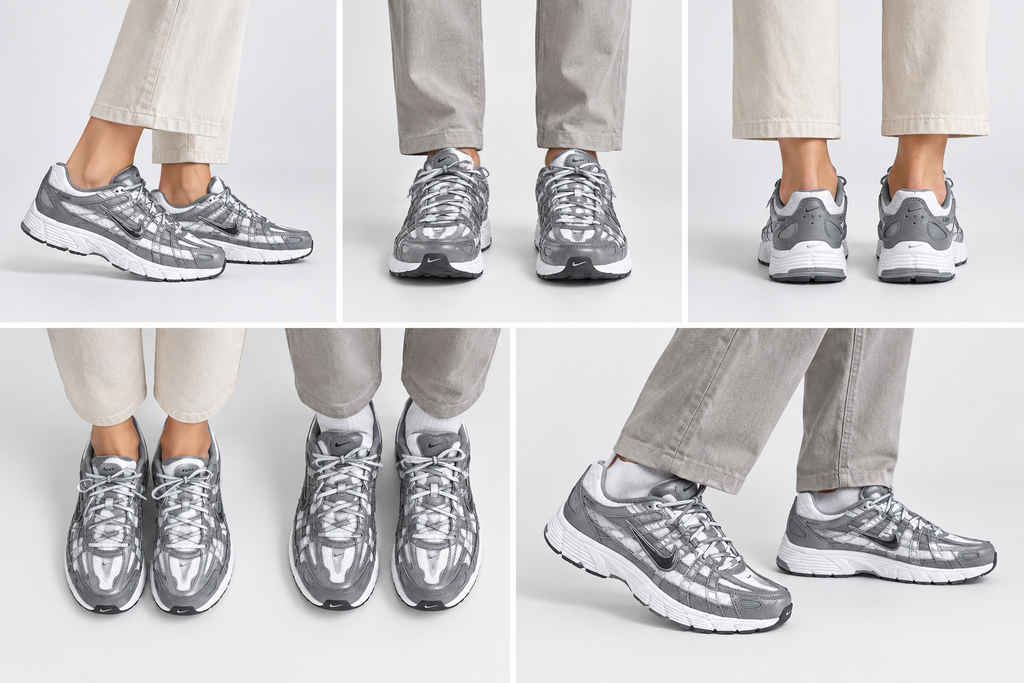Montage illustratif généré de cinq vues des Nike P-6000 argentées portées par des modèles femme et homme adultes