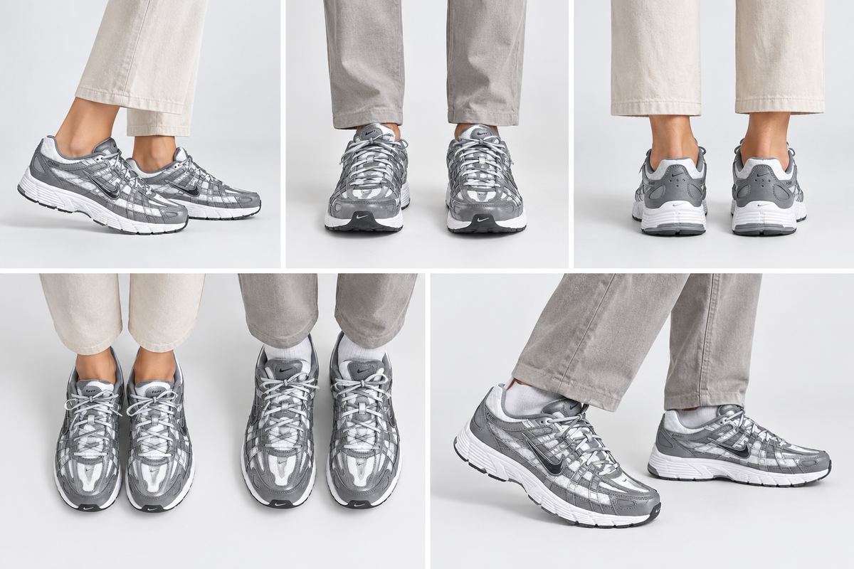 Montage illustratif généré de cinq vues des Nike P-6000 argentées portées par des modèles femme et homme adultes