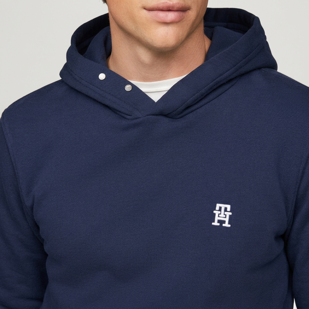 Détail de la capuche à pressions et du monogramme Tommy Hilfiger, visuel généré