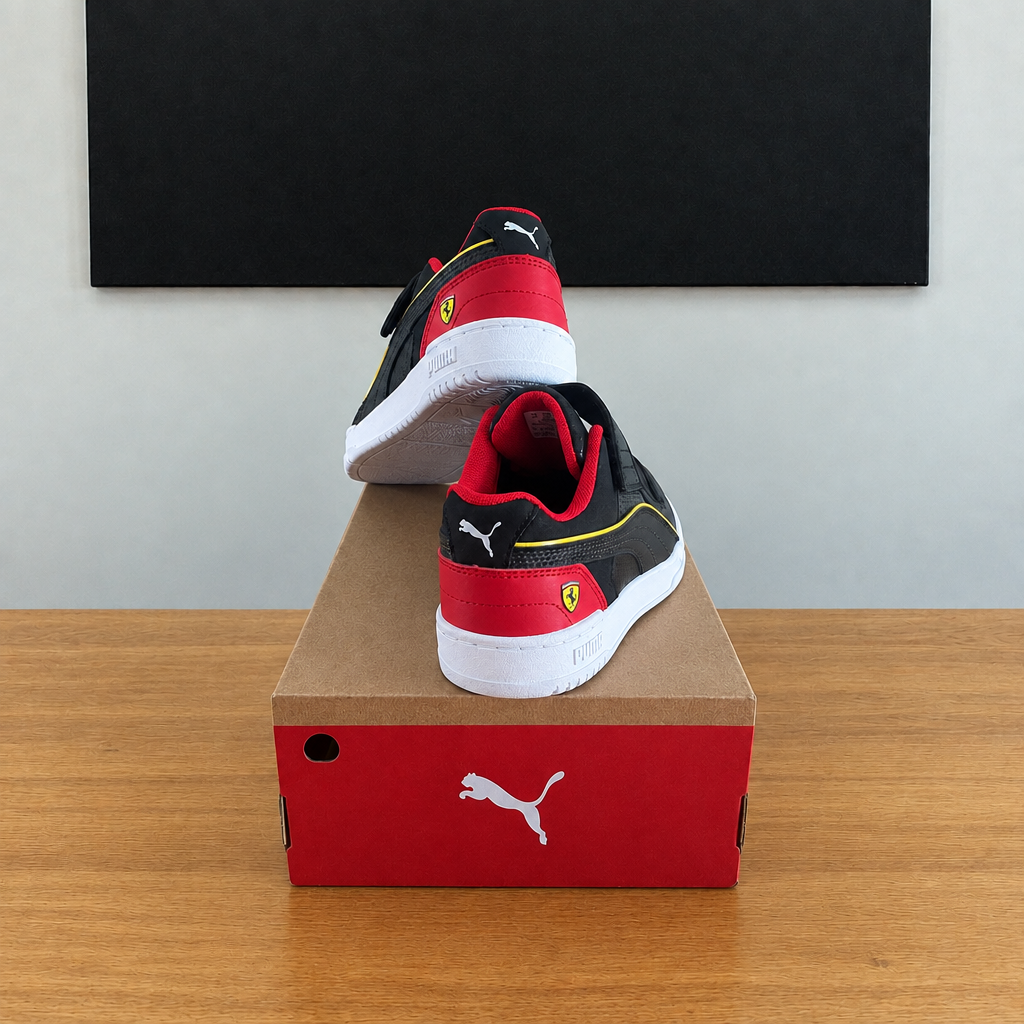 PUMA GAME LOW FERRARI : boîte et chaussures centrées sous le tableau noir