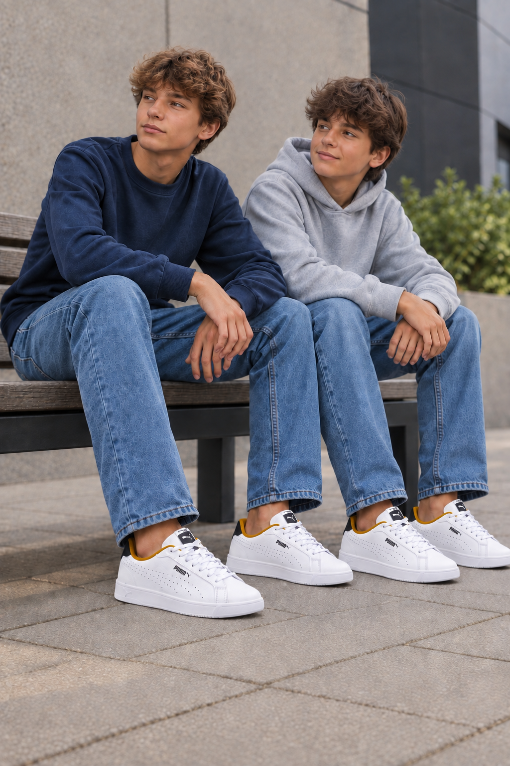 Deux adolescents portant les Puma Grounded Perf en décor urbain