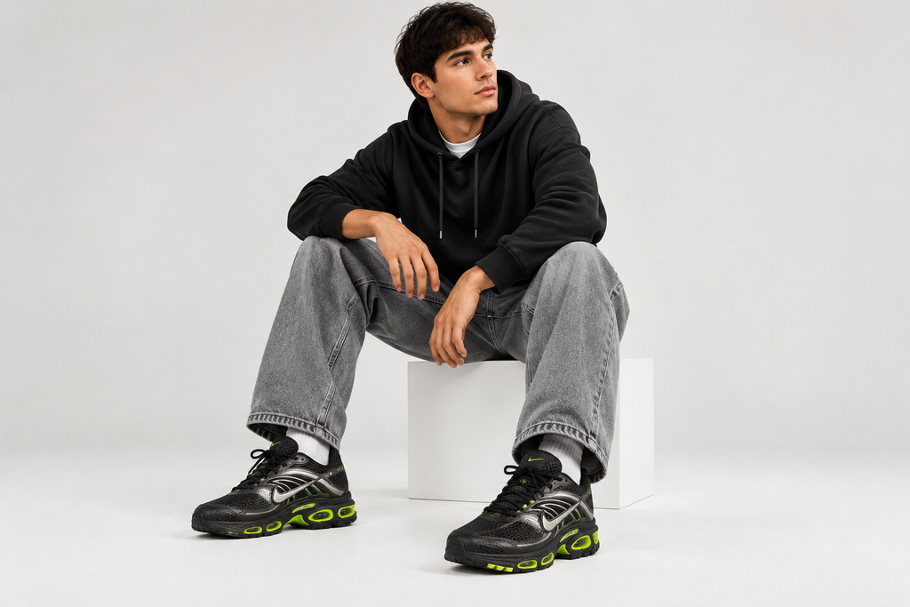 Visuel généré des Nike Air Max Moto 2K portées par un homme de 16 à 30 ans