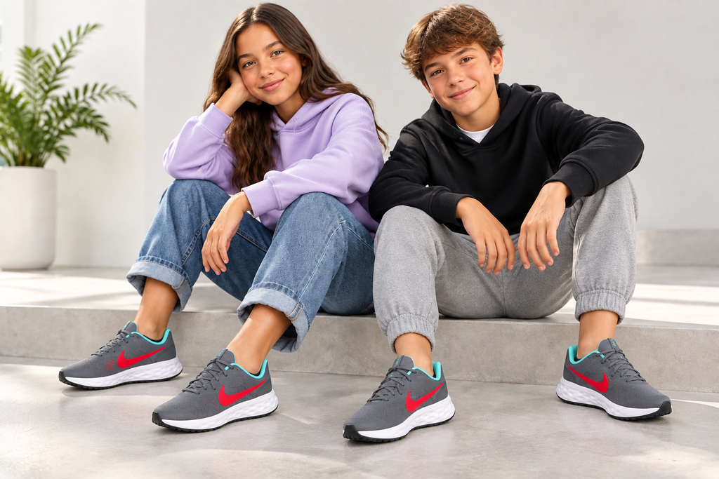 Version illustrée retouchée : fille et garçon portant les Nike Revolution 6 grises, chaussures visuellement réduites d’environ 10 à 15 %