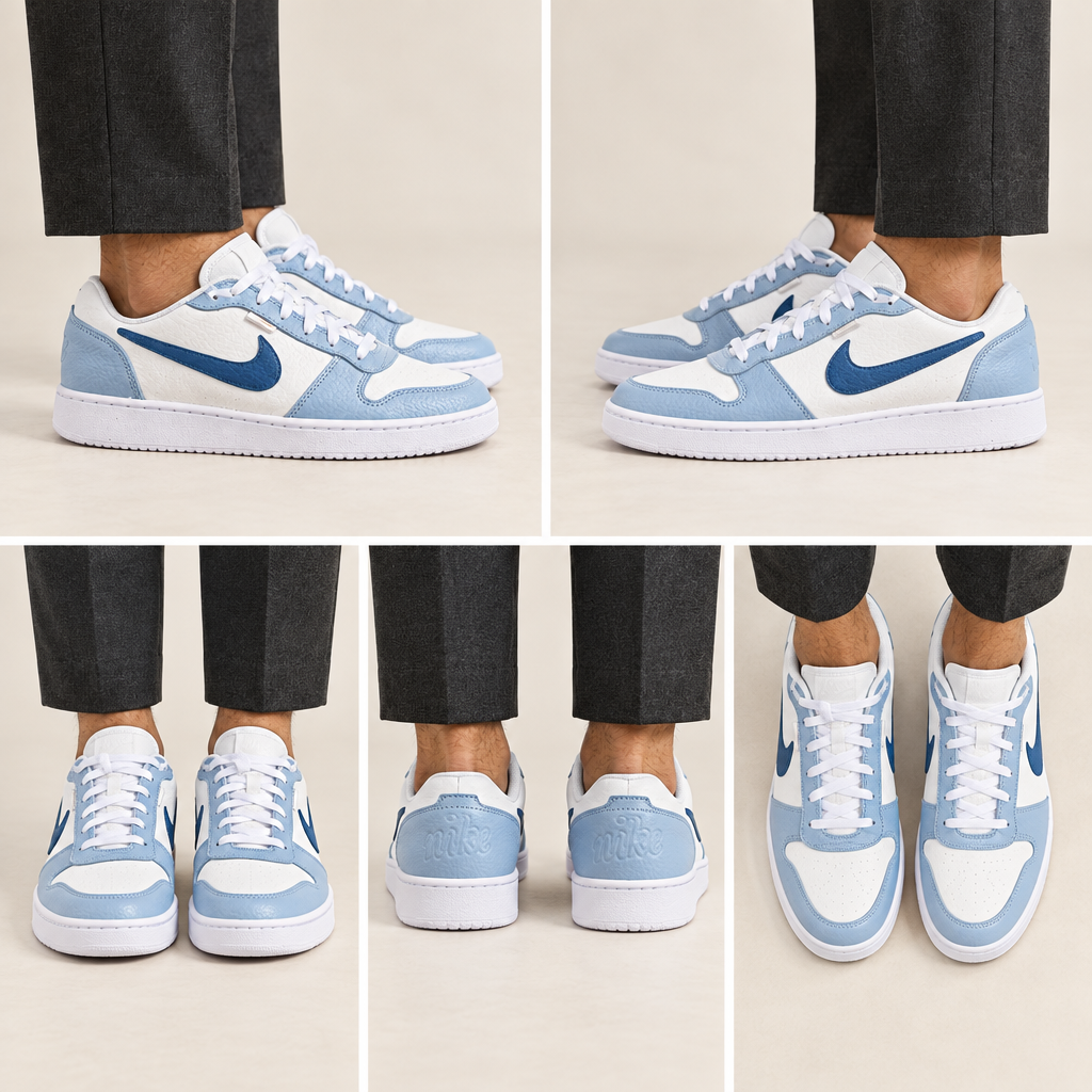 Montage généré des Nike Ebernon Low portées par un homme sous cinq angles