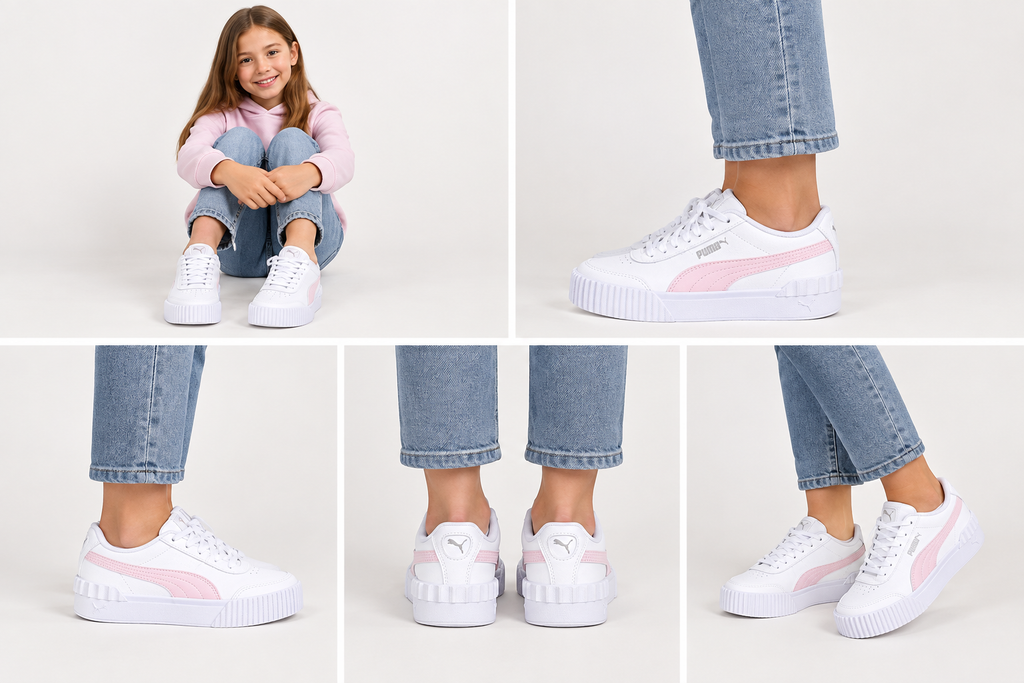 Montage généré des Puma Carina Lift portées par une fille de 8 à 10 ans en cinq vues