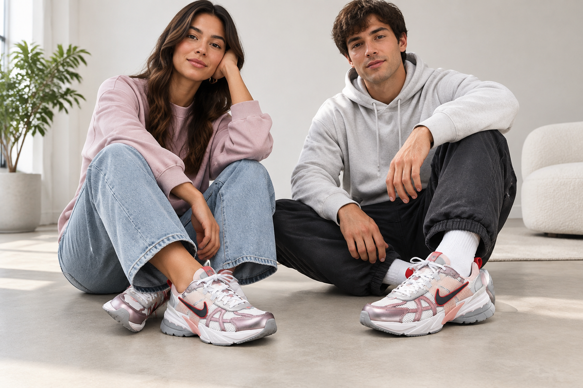 Visuel généré des Nike V2K Run portées par une femme et un homme de 20 à 30 ans