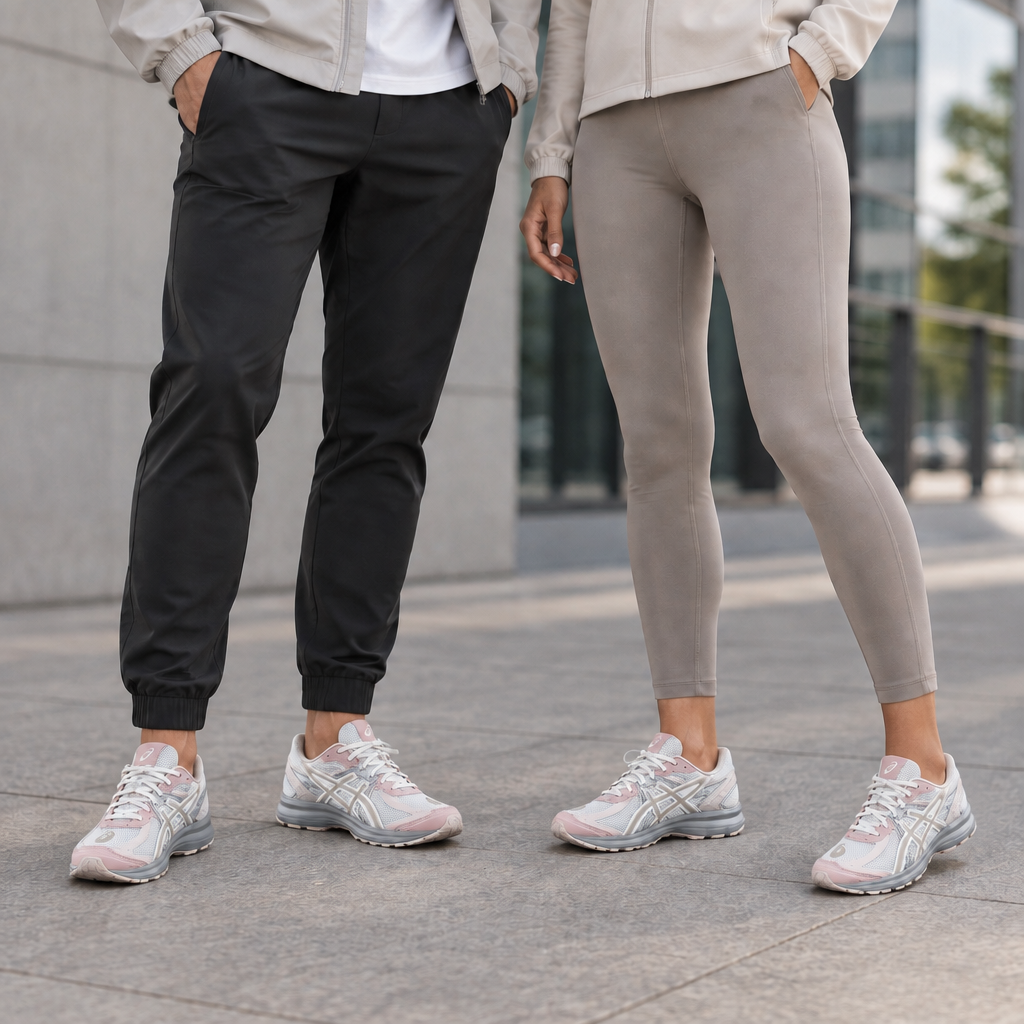 Asics Jog 100 S : photo portée en duo, homme et femme 20-30 ans, chaussures réduites