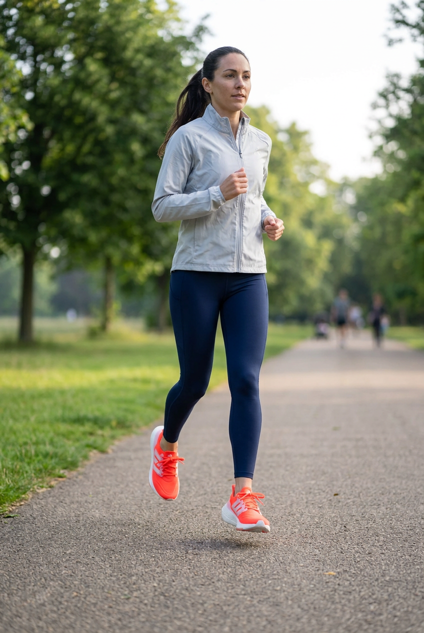 Femme courant en extérieur avec les Adidas Ultraboost Light W corail, illustration générée