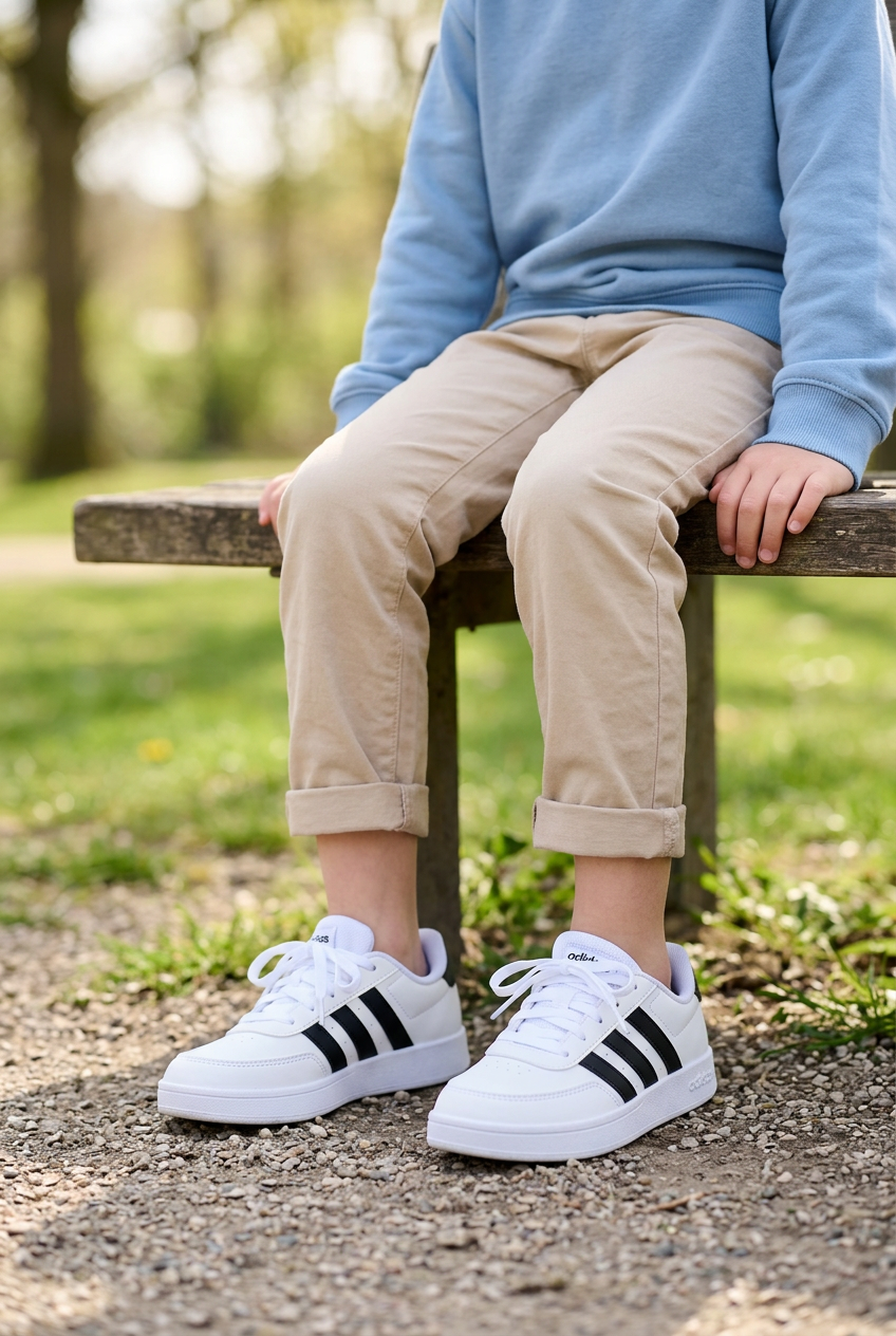 Enfant de 5 à 8 ans assis sur un banc portant des Adidas Breaknet blanches et noires, visuel généré