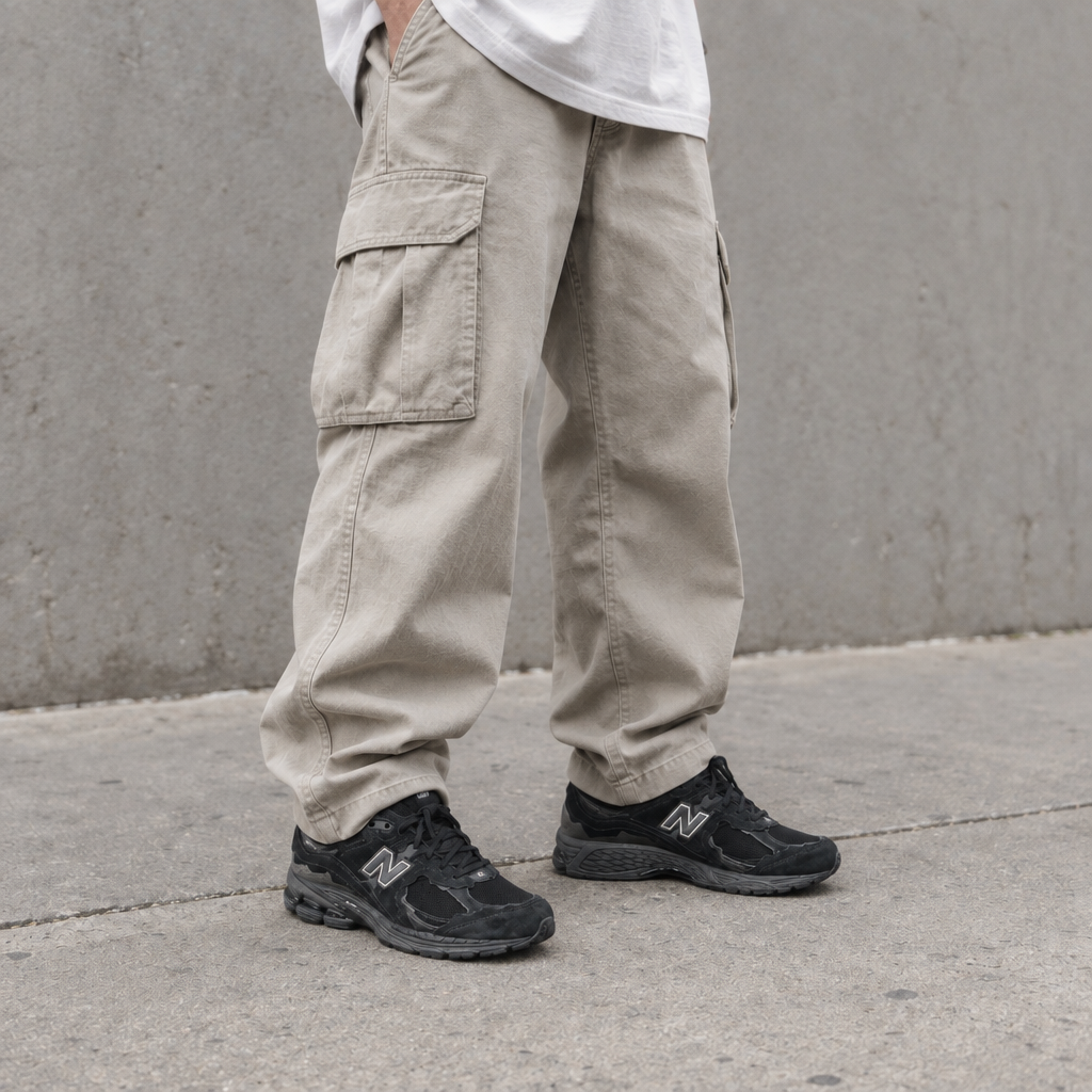 New Balance U2002 : photo portée, cible homme 15-25 ans, pantalon cargo, chaussures réduites