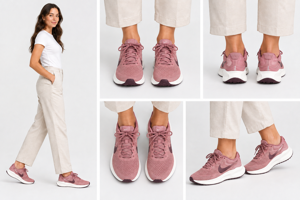 Montage généré des Nike Revolution 7 roses portées sous cinq vues avec chaussures aux proportions plus discrètes