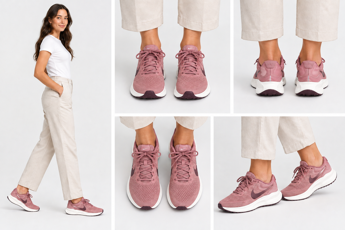 Montage généré des Nike Revolution 7 roses portées sous cinq vues avec chaussures aux proportions plus discrètes
