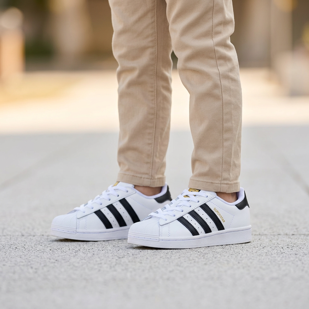 Adidas Superstar blanches et noires portées dans une mise en scène enfant 4 à 6 ans, visuel généré