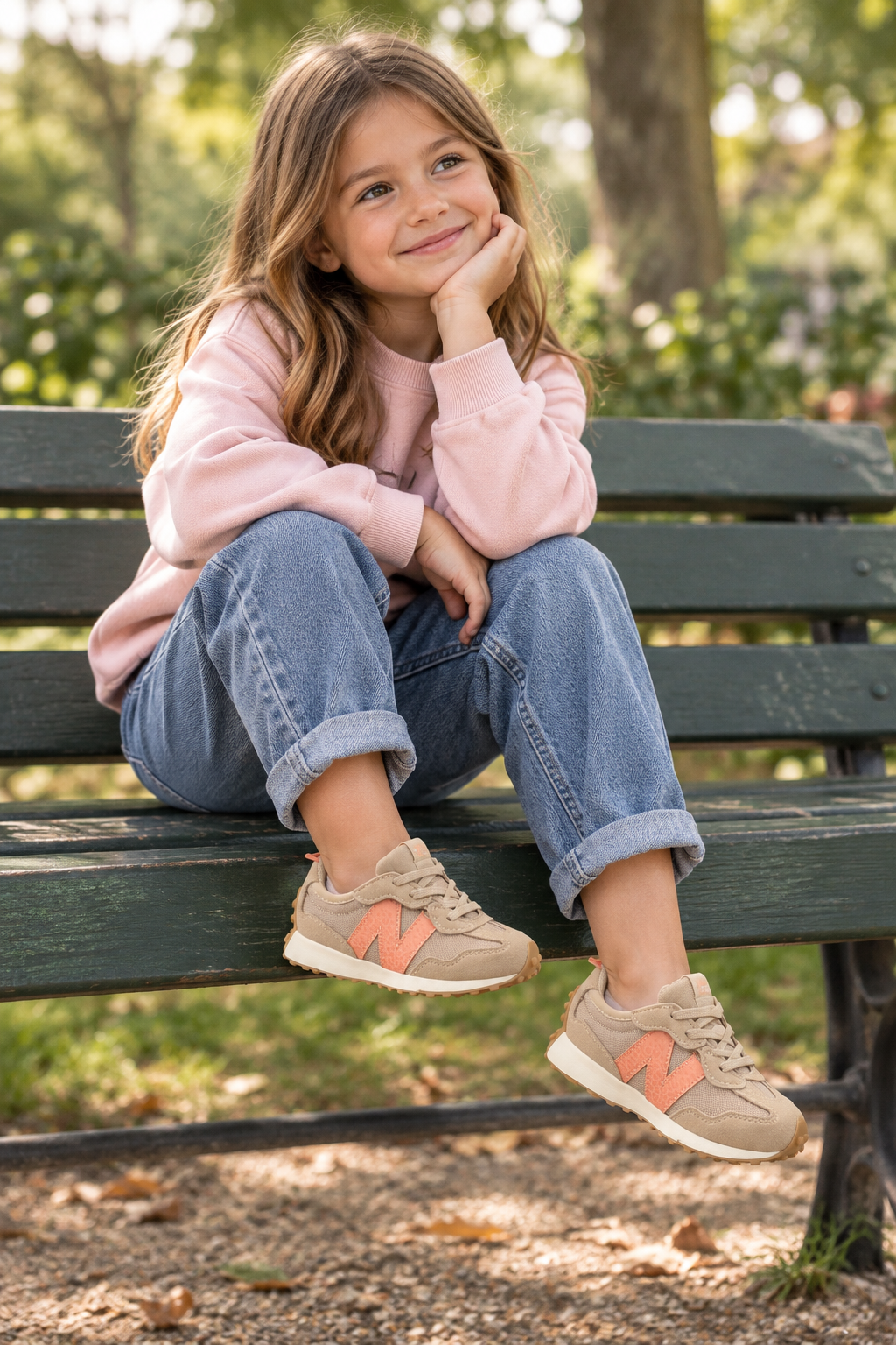 Fille de 6 ans portant les New Balance NW327WO sur un banc