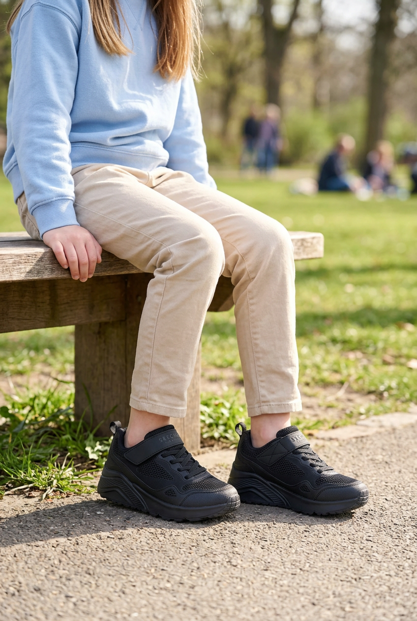 Fille de 8 à 12 ans assise portant les Skechers noires, illustration générée