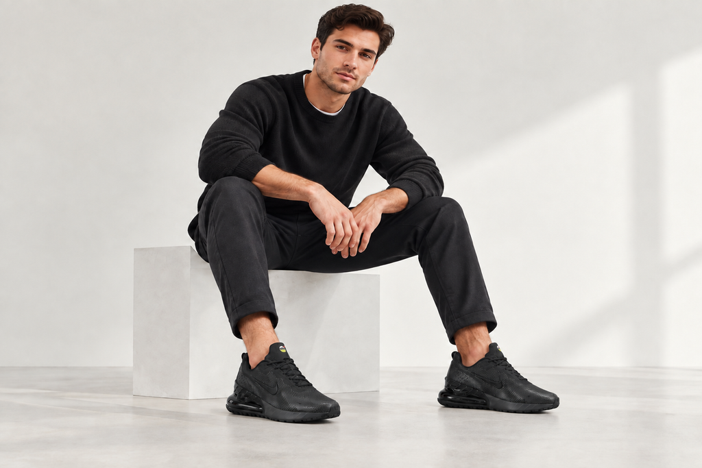 Visuel généré des Nike Air Max Phénix noires portées par un homme de 20 à 30 ans, chaussures légèrement plus petites en apparence