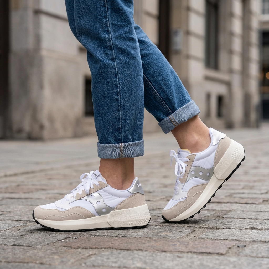 Illustration générée des Saucony Jazz NXT blanc et beige portées avec un jean