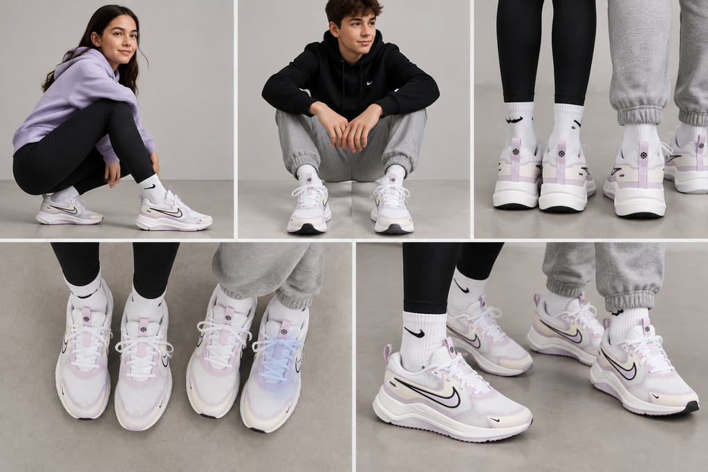 Montage généré des Nike Cosmic Runner portées par des adolescents sous cinq angles