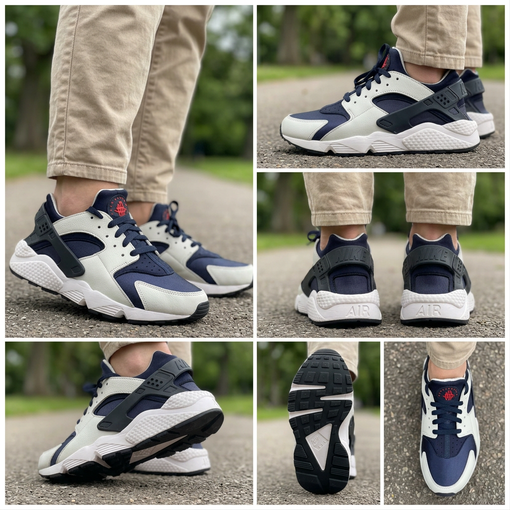 Nike Air Huarache portées par une femme et un homme montage cinq angles, illustration générée