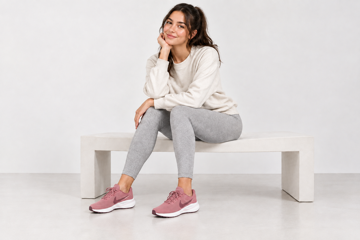 Visuel généré de la Nike Revolution 7 rose portée par une femme de 18 à 30 ans, chaussures légèrement réduites en apparence