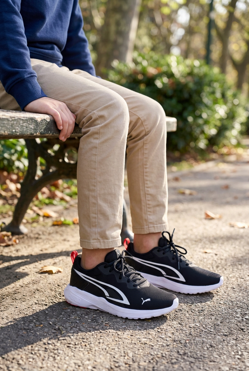 Enfant de 10 à 12 ans assis portant les Puma All-Day Active, illustration générée