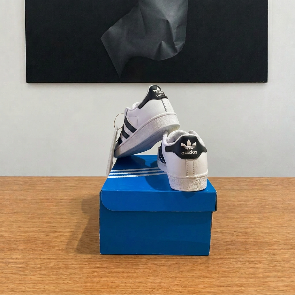 Adidas Superstar vue arrière, boîte centrée sous le tableau comme la Centennial, sans étiquette ni scotch arraché, image retouchée