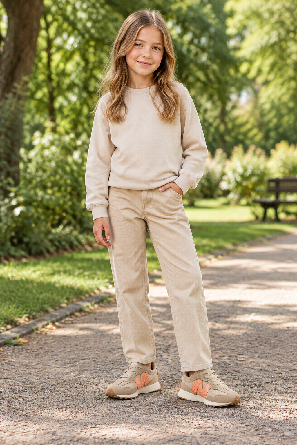 Fille de 9 ans portant les New Balance NW327WO dans un parc