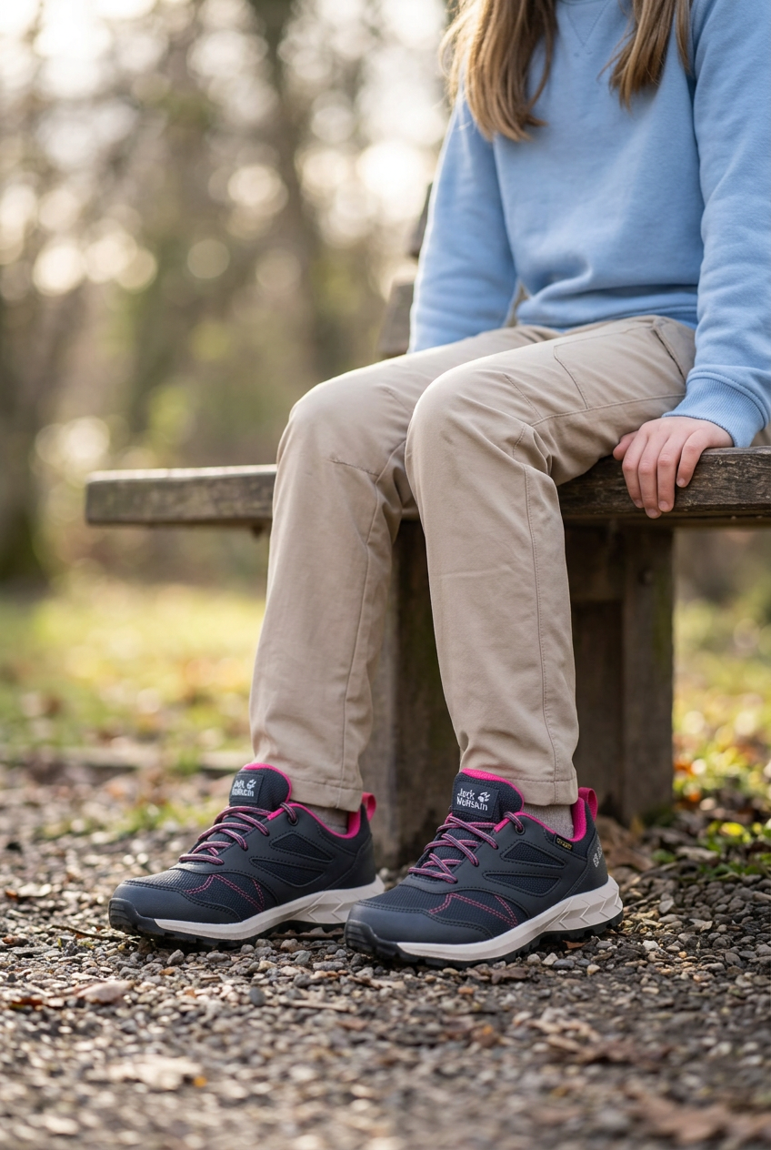 Fille de 8 à 12 ans assise portant des Jack Wolfskin, visuel généré
