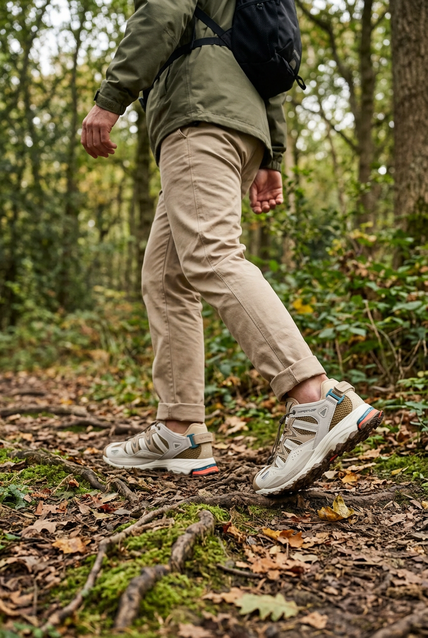 Adulte en marche sur sentier forestier ambiance trail portant les Hyperturf, illustration générée