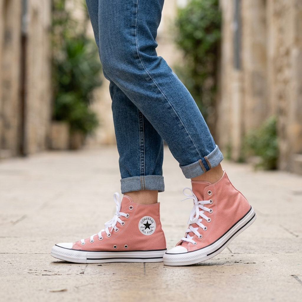 Illustration générée de Converse All Star vieux rose portées avec un jean