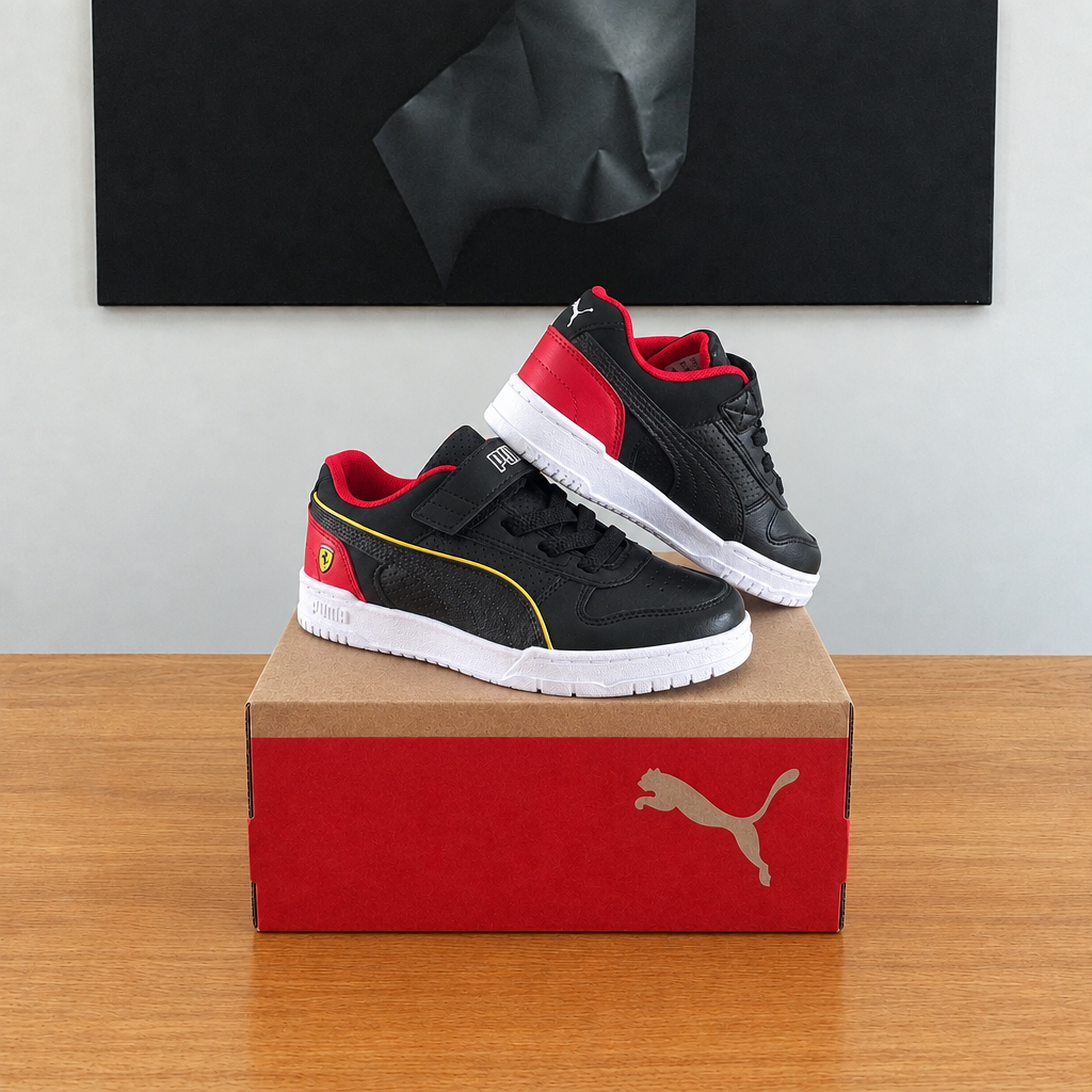 PUMA GAME LOW FERRARI : boîte et chaussures centrées sous le tableau noir