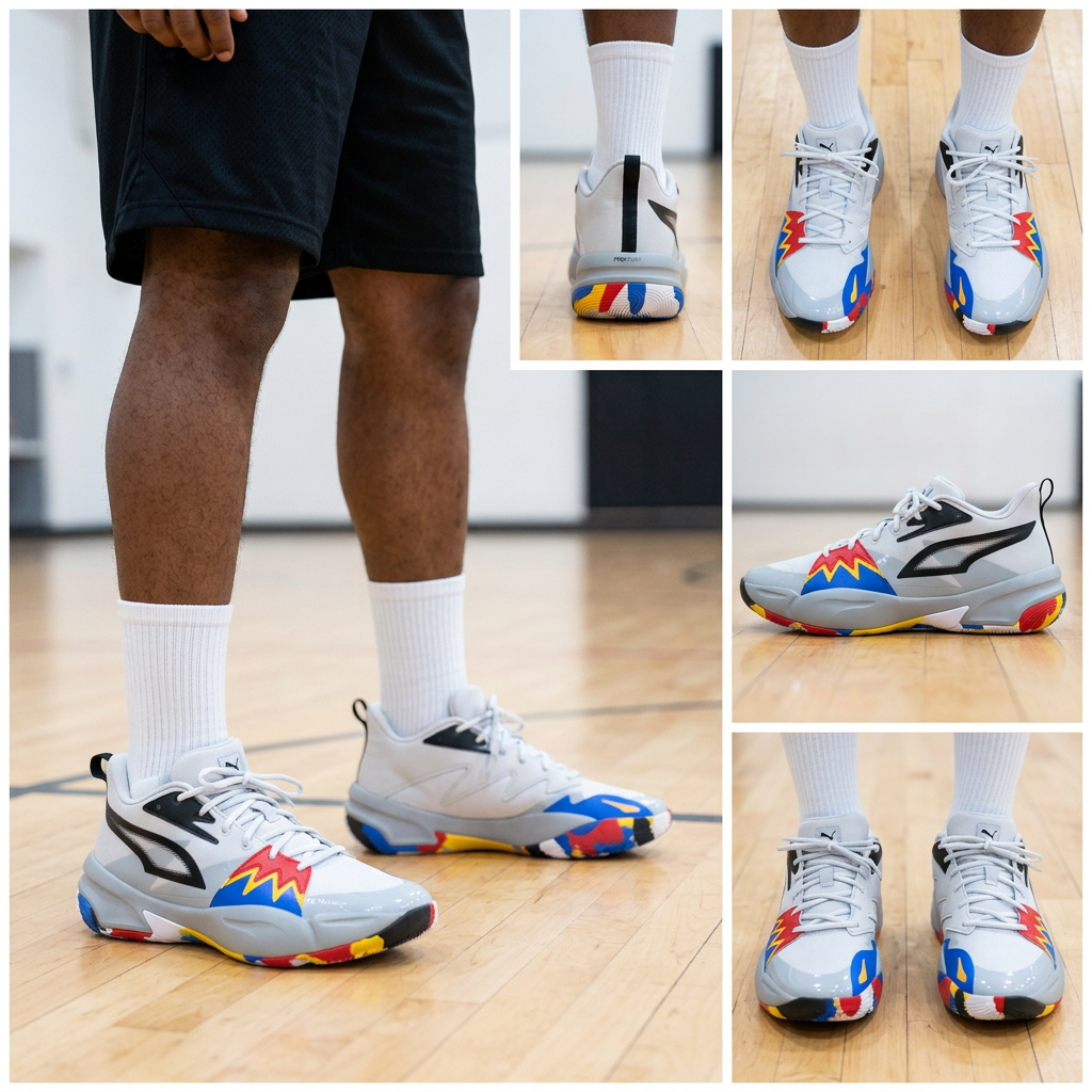 Montage cinq angles Puma Genetics portées par un basketteur, illustration générée