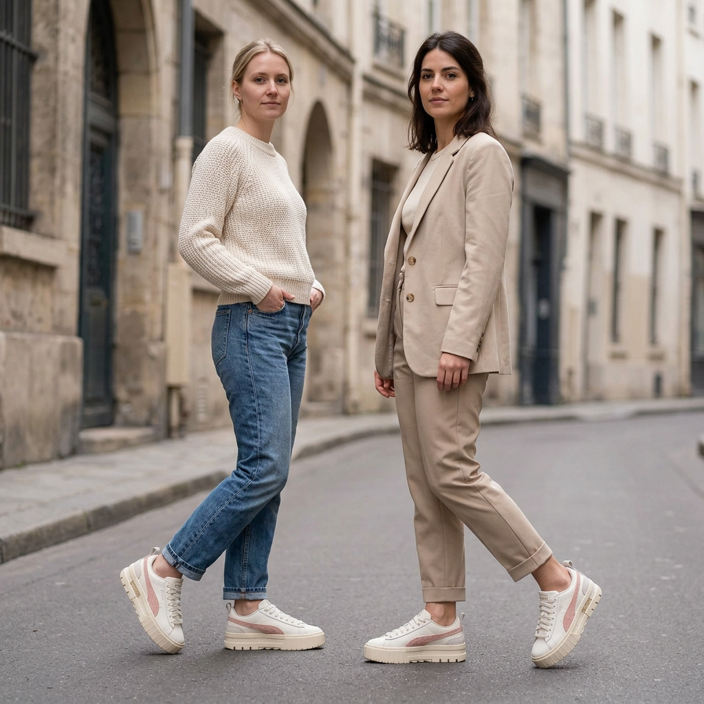 Illustration générée d’une blonde et d’une brune de profil portant les Puma Mayze Thrifted