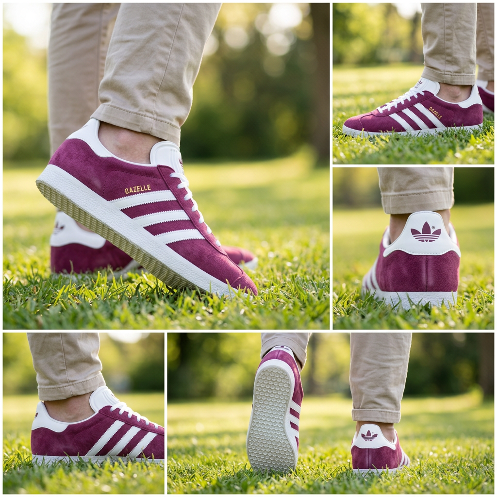 Adidas Gazelle bordeaux portées par un adulte montage cinq angles, illustration générée