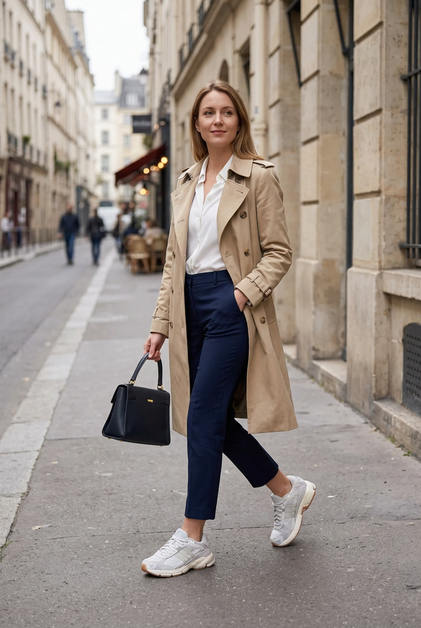 Femme en trench portant les Response CL W en ville, illustration générée