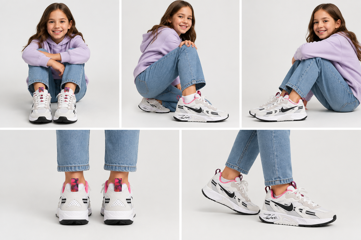 Montage généré des Nike Jam Train portées par une fille de 8 à 10 ans en cinq vues