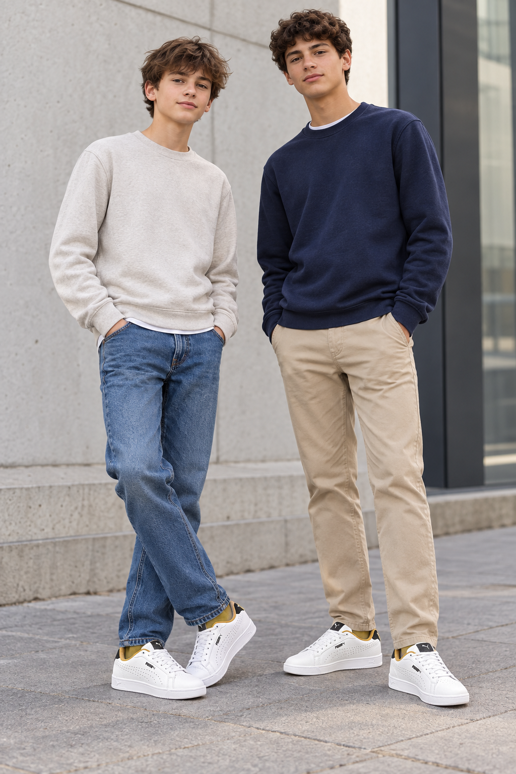 Deux adolescents debout portant les Puma Grounded Perf, l’un en jean et l’autre en chino beige