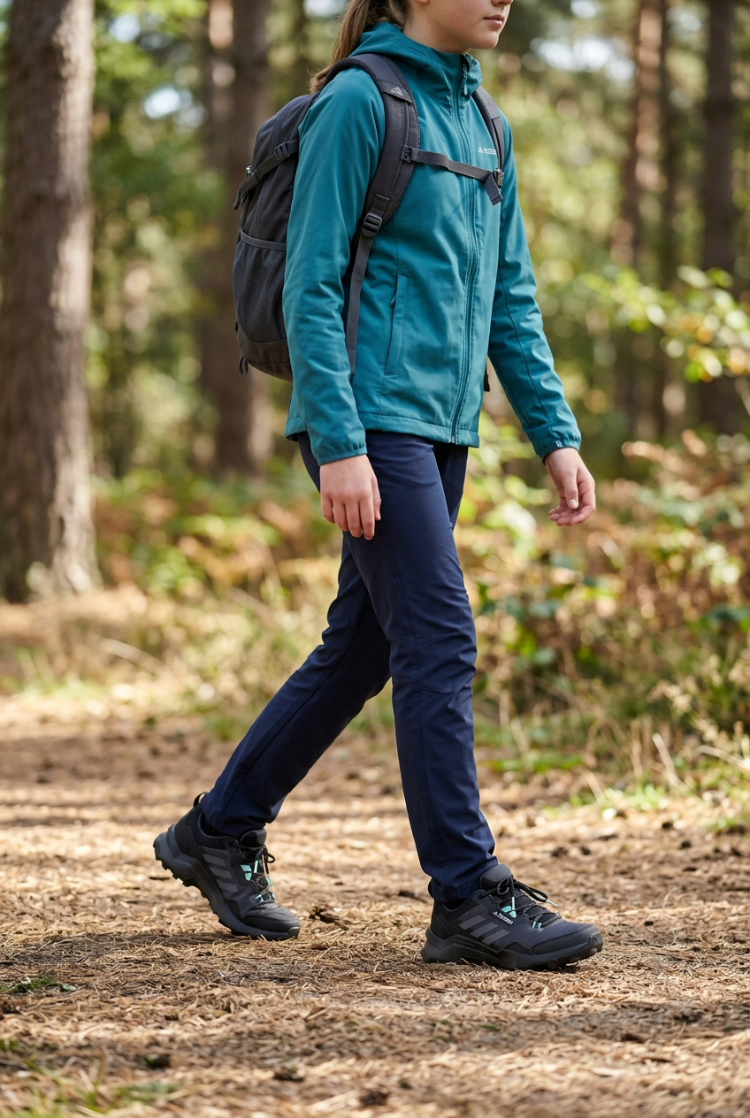 Adolescente portant les Terrex sur un sentier forestier, illustration générée
