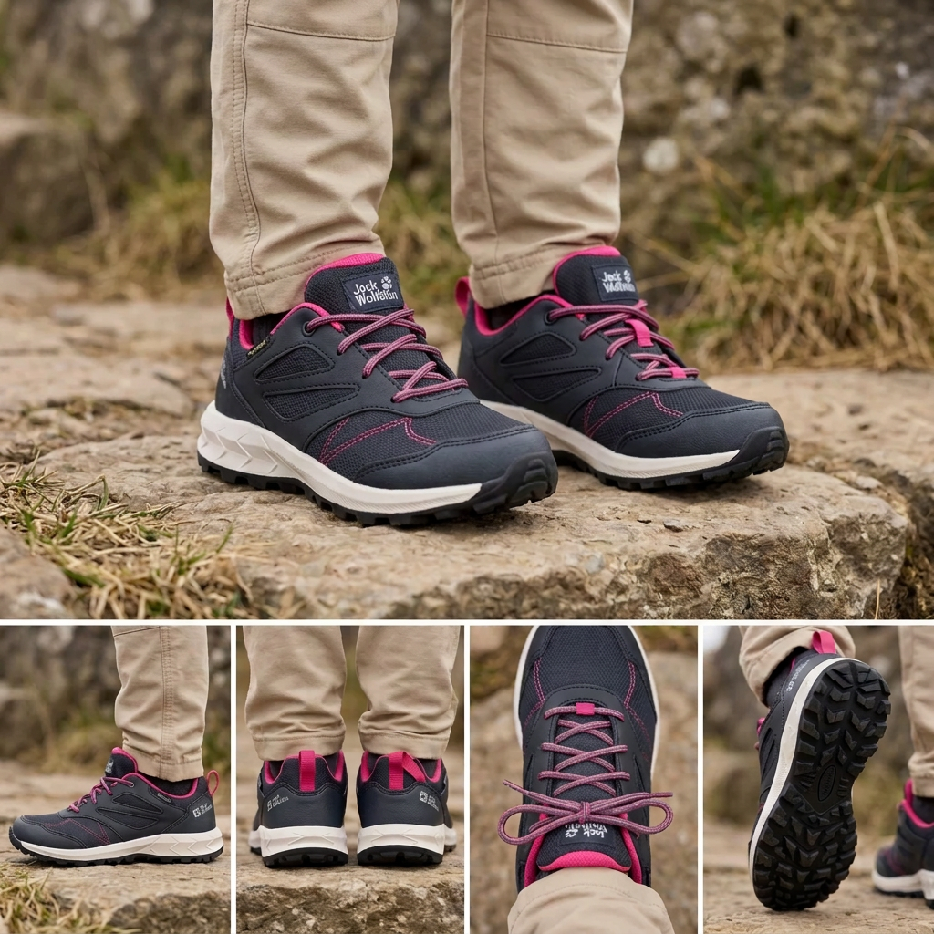 Jack Wolfskin enfant montage de cinq angles sans petites languettes roses entre les lacets, visuel retouché