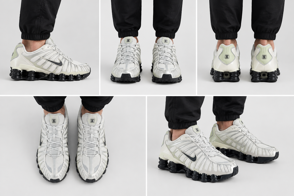 Montage illustratif généré de Nike Air Max Shox TL portées par un homme adulte sous cinq angles