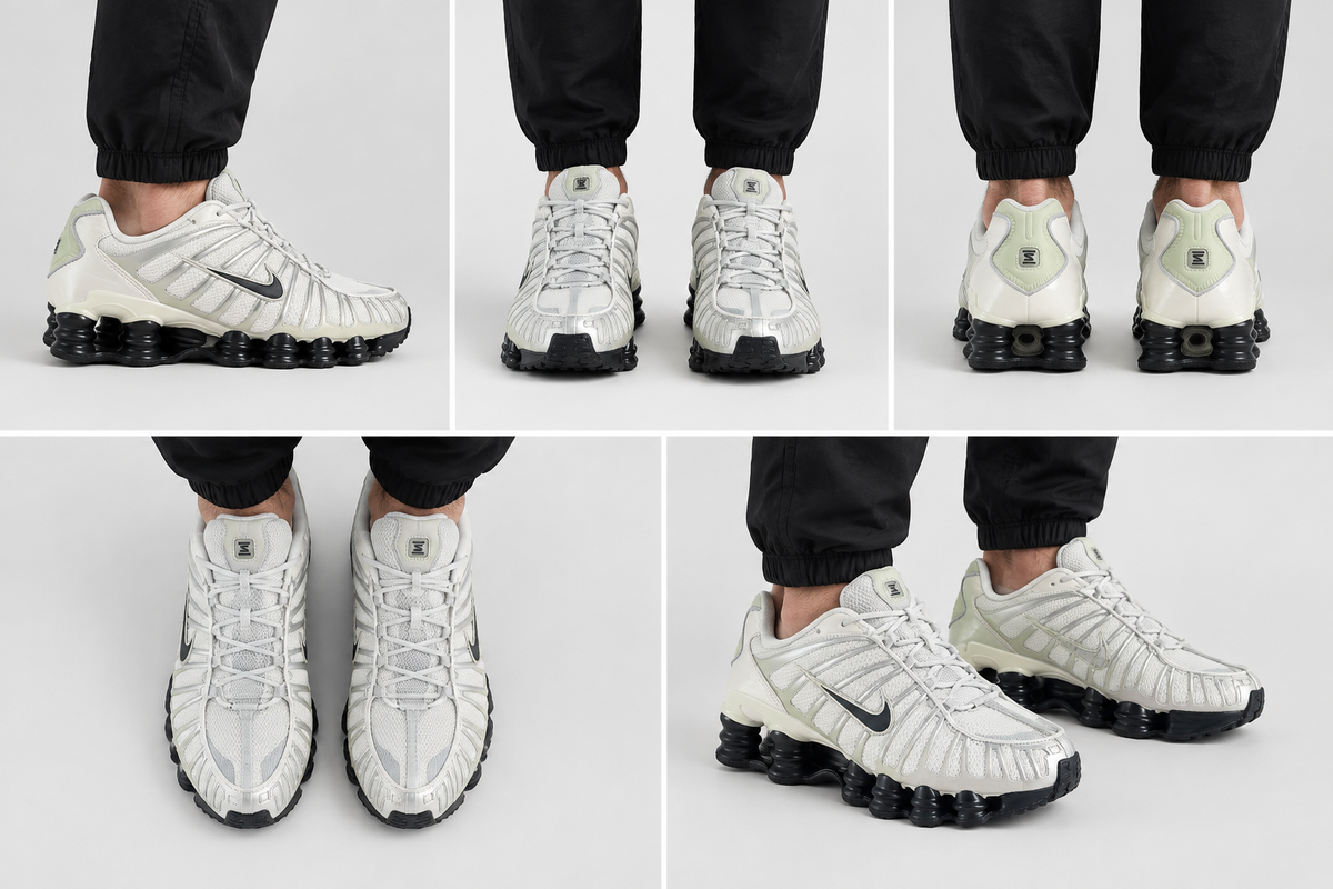 Montage illustratif généré de Nike Air Max Shox TL portées par un homme adulte sous cinq angles